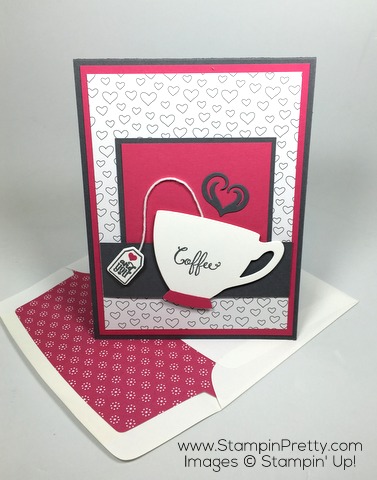 Simple valentine card & envelope liner idea using Stampin Up Cups & Kettle Framelits Dies by Mary Fish