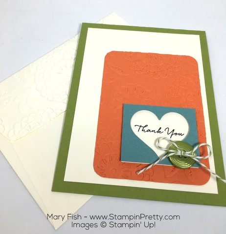 Beautifully embossed Stampin Up Lovely Lace envelope and card by Mary Fish