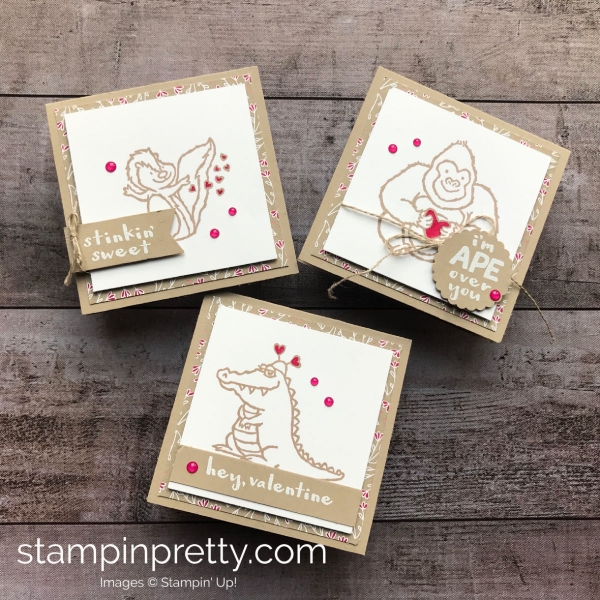 Learn how to create this trio of valentine's using the Hey Love Stamp Set by Stampin' Up! 3x3 Cards Created by Mary Fish, Stampin' Pretty!