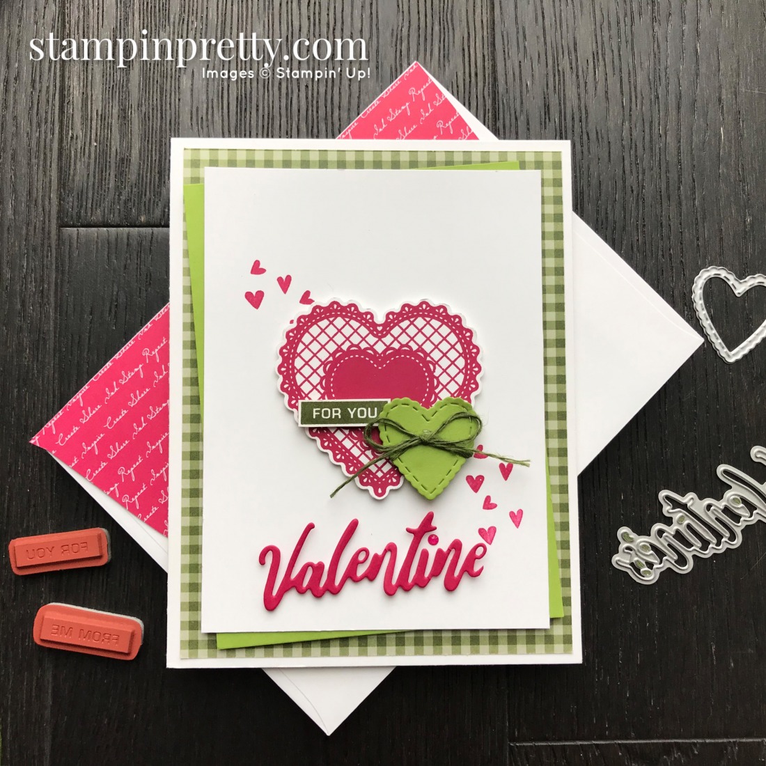 For You From Me Valentine Card - Granny Apple Green, Lovely Lipstick, Mossy Meadow Card by Mary Fish, Stampin' Pretty