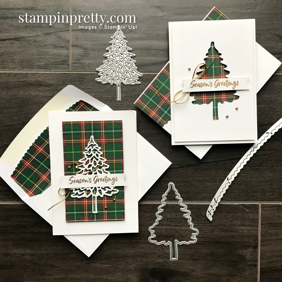 Create these Note Cards using the Plaid Tidings DSP and In the Pines Bundle from Stampin' Up! Created by Mary Fish, Stampin' Pretty_Crop