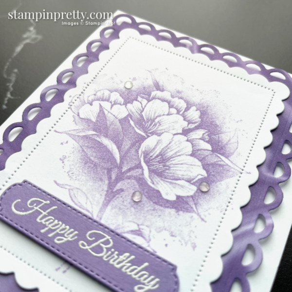 Create this Birthday Card using the Calming Camellia Sale-a-Bration Stamp Set, Scalloped Contours Dies from Stampin' Up! Mary Fish, Stampin' Pretty