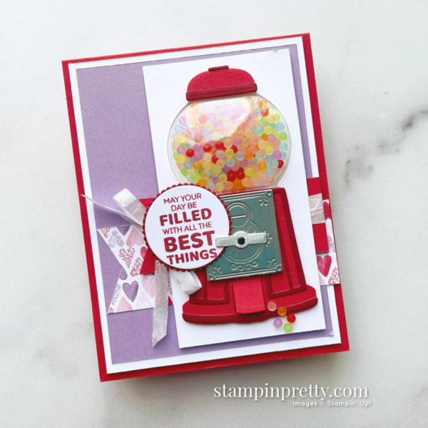 Create this card using the Gumball Greetings Bundle, Shaker Domes, &` Frosted Beads from Stampin' Up! Card by Mary Fish, Stampin' Pretty