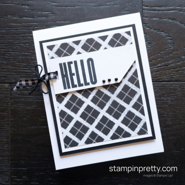 Create this black and white hello card with the Rustic Harvest DSP and the Biggest Wish Stamp Set from Stampin' Up! Mary Fish, Stampin' Pretty