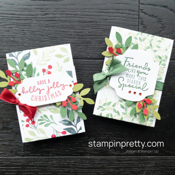 Construct Super Simple Gift Card Holders with the Painted Christmas DSP, Christmas to Remember Samp Set, Seasonal Labels Dies and Bough Punch Mary Fish Stampin' Pretty