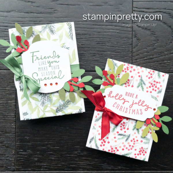 Construct Super Simple Gift Card Holders with the Painted Christmas DSP, Christmas to Remember Samp Set, Seasonal Labels Dies and Bough Punch - Mary Fish, Stampin' Pretty