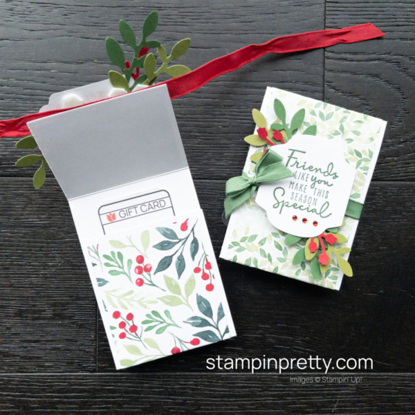 Construct a Simple Holiday Gift Card Holders with the Painted Christmas DSP, Christmas to Remember Samp Set, Seasonal Labels Dies and Bough Punch - Mary Fish Stampin' Pretty