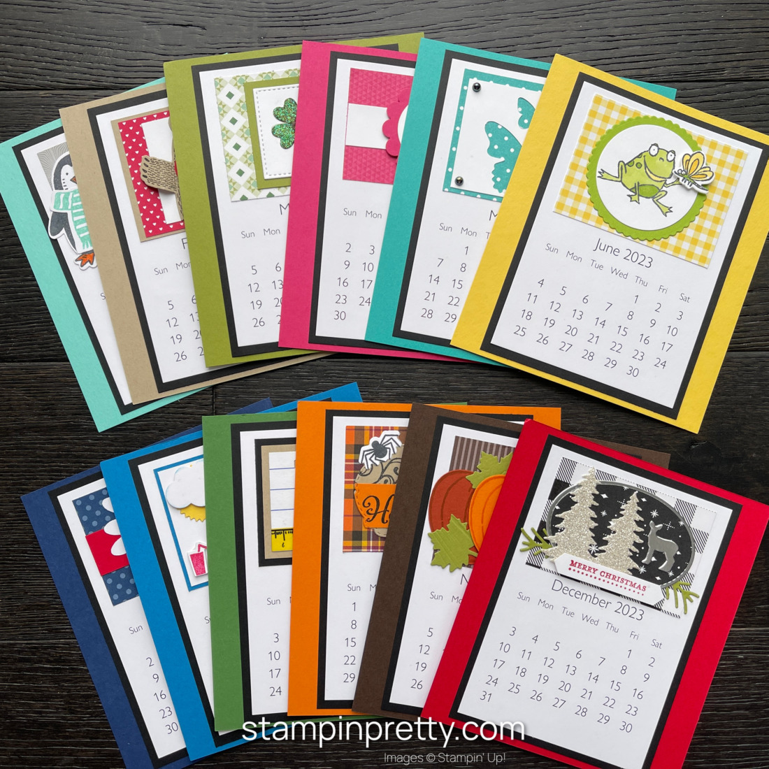 Create a CD Case Easel Calendar - Linda White's 2023 Version All 12 Months Fan View on Stampin' Pretty - Mary Fish