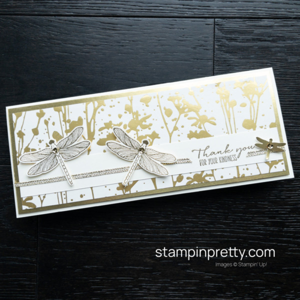 Create this gold foil slimline card with the Naturally Gilded Specialty DSP and Dragonfly Garden Bundle from Stampin' Up! Design by Mary Fish, Stampin' Pretty