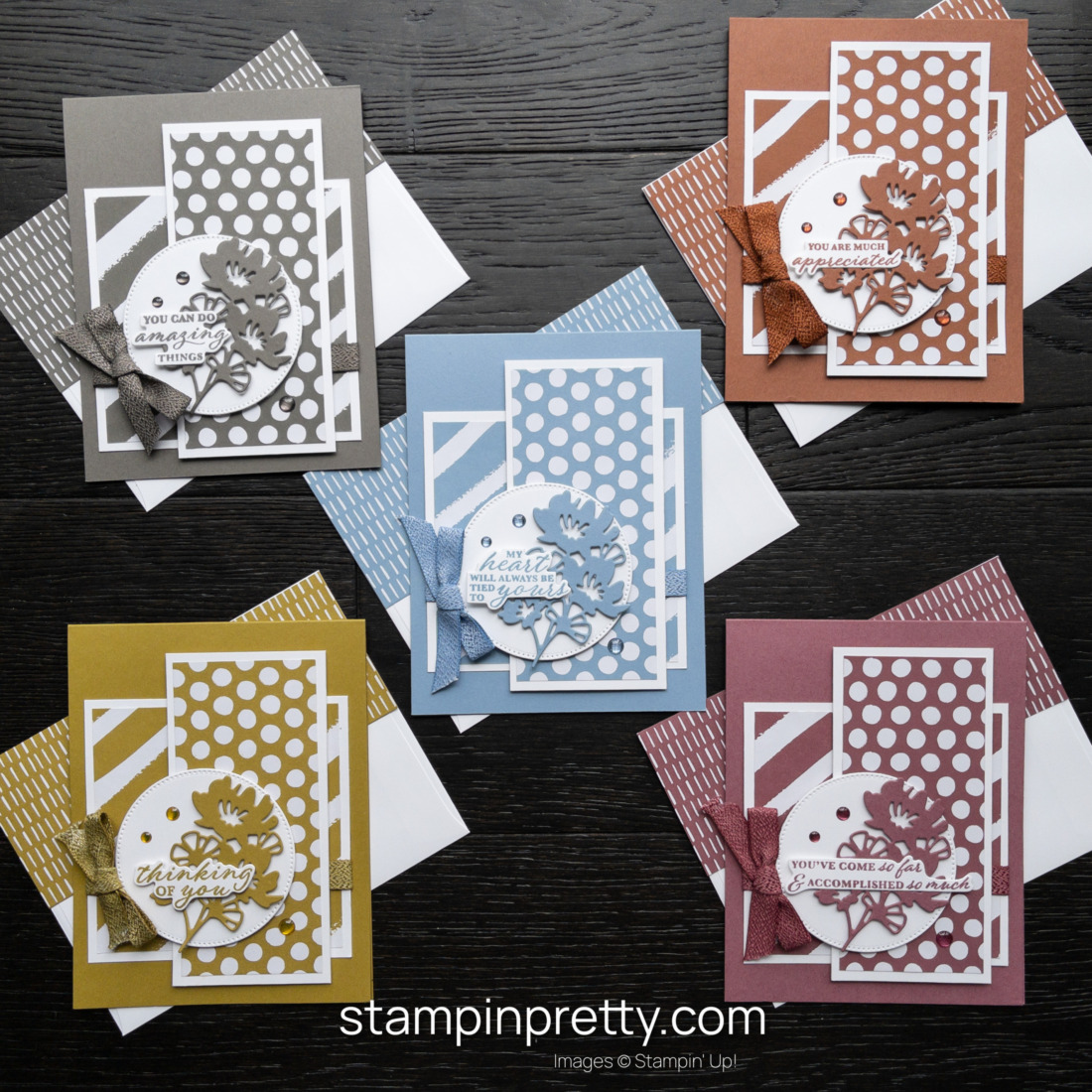 Create these five cards with the NEW Wonderful Thoughts Bundle and the New 2023-2025 In Colors by Stampin' Up! Pebbled Path, Copper Clay, Boho Blue, Winter Wheat, Moody Mauve -Mary Fish, Stampin' Pretty