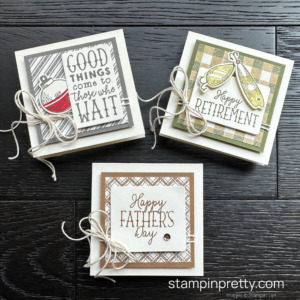 Create three masculine note cards using Gone Fishing Bundle by Stampin Up! Designed by Mary Fish, Stampin' Pretty