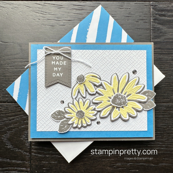 Use the Cheerful Daisies Bundle to create a friend card with Azure Afternoon, Lemon Lolly and Pebbled Path from Stampin' Up! Mary Fish, Stampin' Pretty