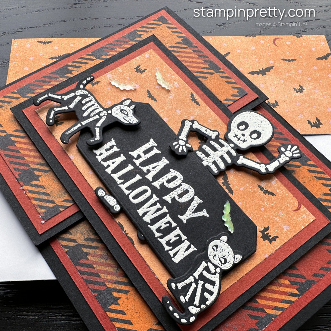 Create a Happy Halloween Fun Fold Card Using Them Bones Suite Collection by Stampin' Up! Card Design by Mary Fish, Stampin' Pretty