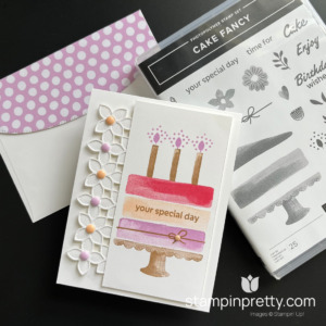 Create a birthday card with the Cake Fancy Stamp Set and Petal Patterns Dies by Stampin' Up! Mary Fish, Stampin' Pretty