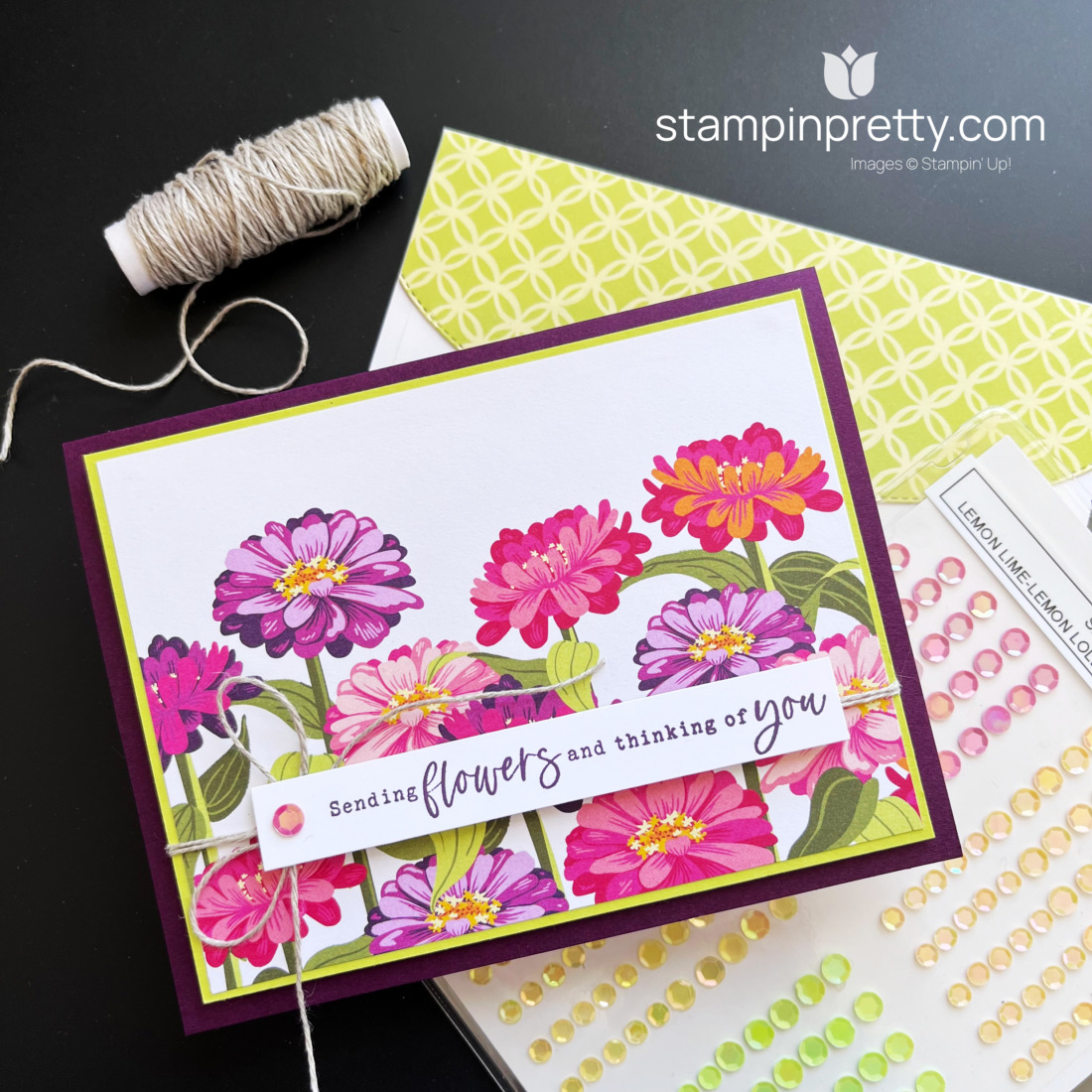 Create this simple card using the Flowering Zinnias Designer Series Paper from Stampin' Up! Card by Mary Fish, Stampin' Pretty