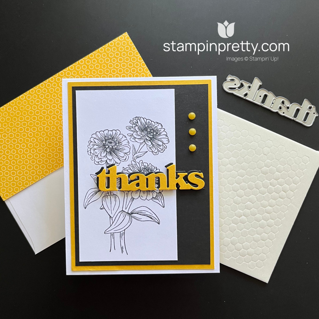 Create this Thanks Card with the Thanks and Beyond Dies and the Simply Zinnia Stamp Set by Stampin' Up! Black, White and Crushed Curry, Mary Fish, Stampin' Pretty