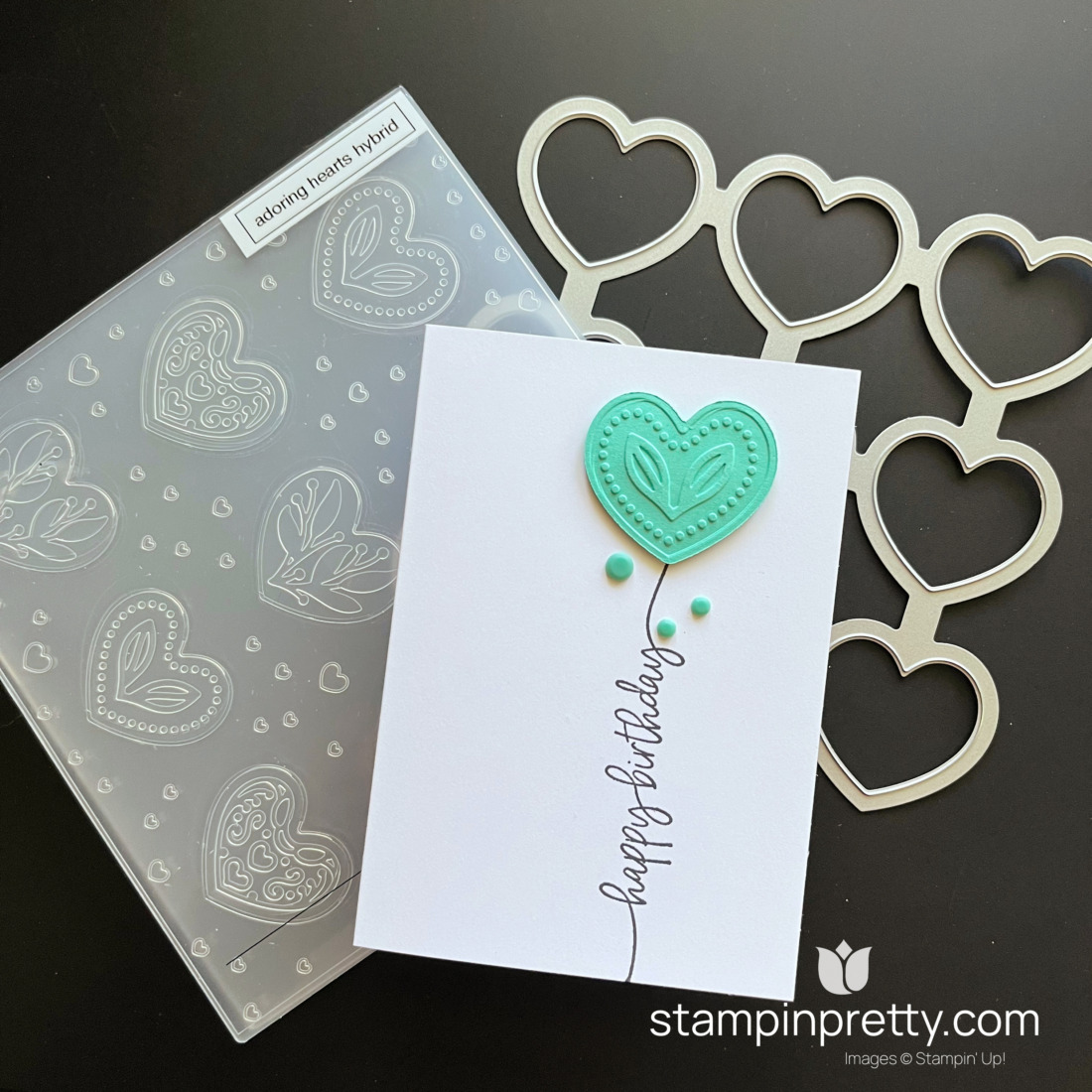 Create this note card using the Adoring Hearts Hybrid Embossing Folder by Stampin' Up! Heart Balloon - Summer Splash - Mary Fish, Stampin' Pretty