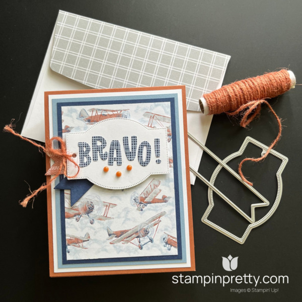 Create this BRAVO Card using the Mini Alphabet Dies and Take to the Sky Designer Series Paper by Stampin' Up! Mary Fish, Stampin' Pretty